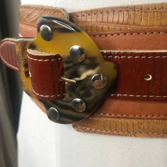 【cacharel】 BROWN LEATHER wide BELT Vintage Cacharel Brown Reptile Leather Tortoise Buckle Stud